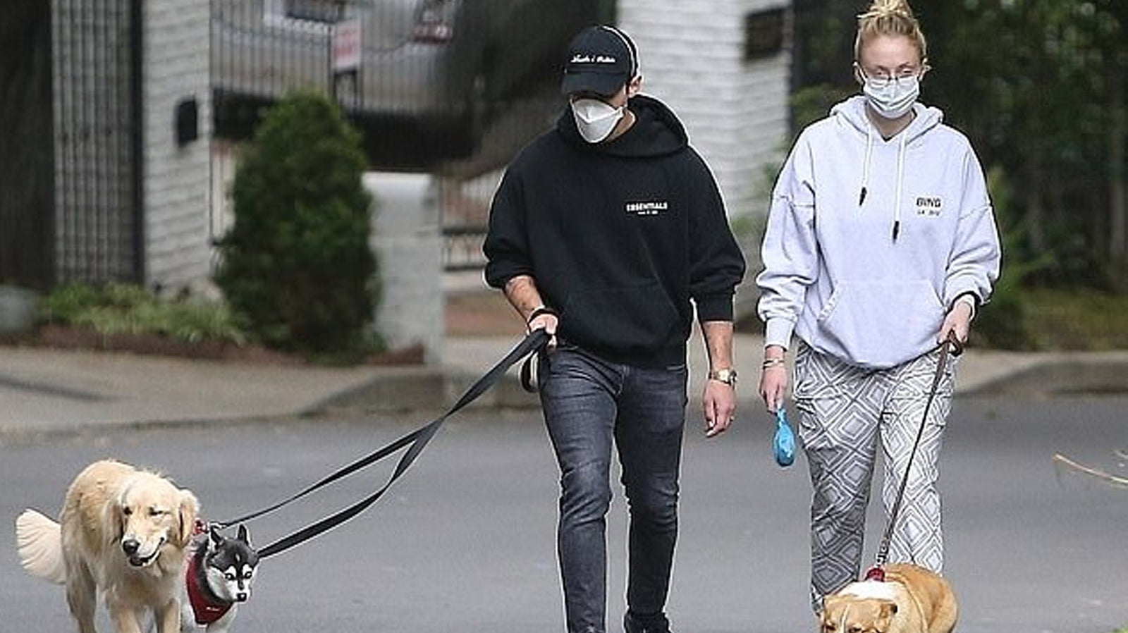 Joe Jonas and Pregnant Wife Sophie Turner Take Their Dogs For A Walk In Wolven and Face Masks
