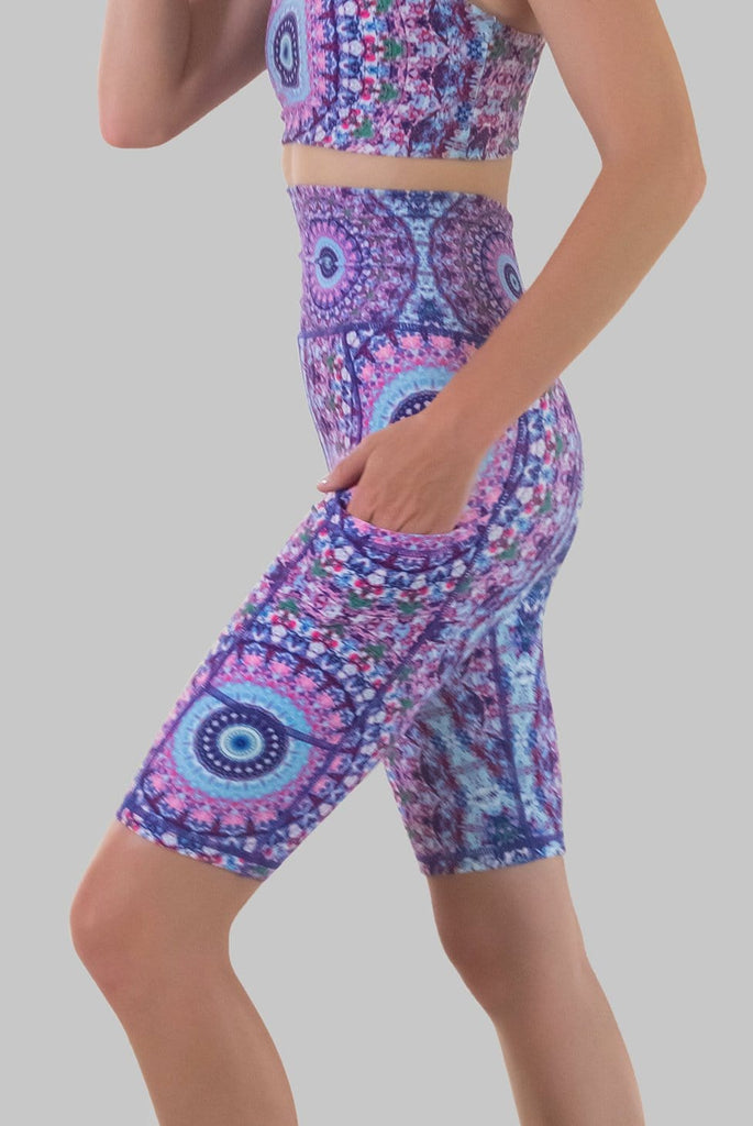 sustainable purple high waisted mandala bike shorts with pockets